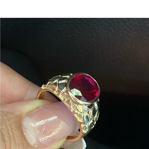 New Large 17mm Real 14k Yellow Gold Men's Nugget Ruby Ring - Picture 12 of 16